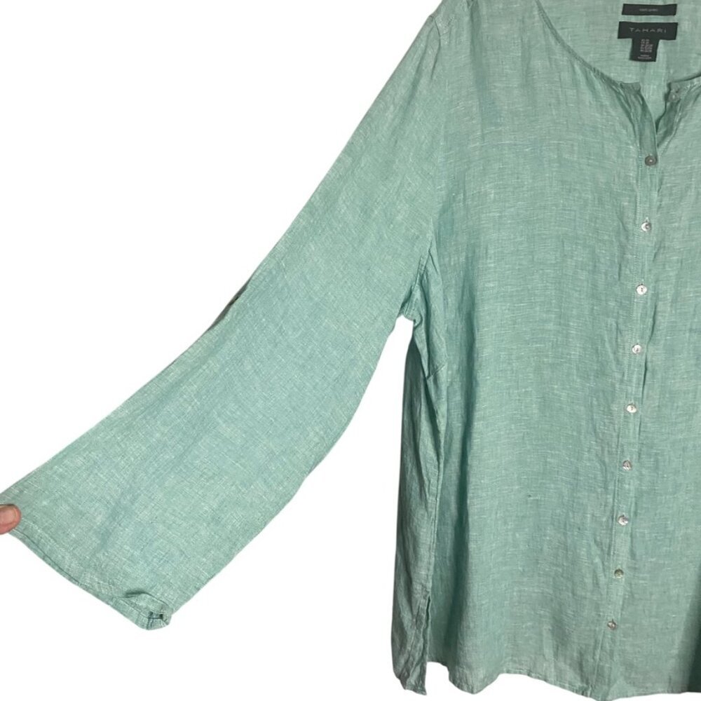 (2) Tahari linen tunic blouses 3X green brown stripe - Picture 12 of 12